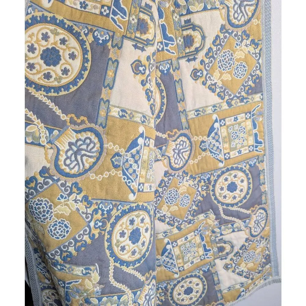 Vintage Chinoiserie Pagoda Tapestry Blue & Yellow Wall Hanging / Textile Art